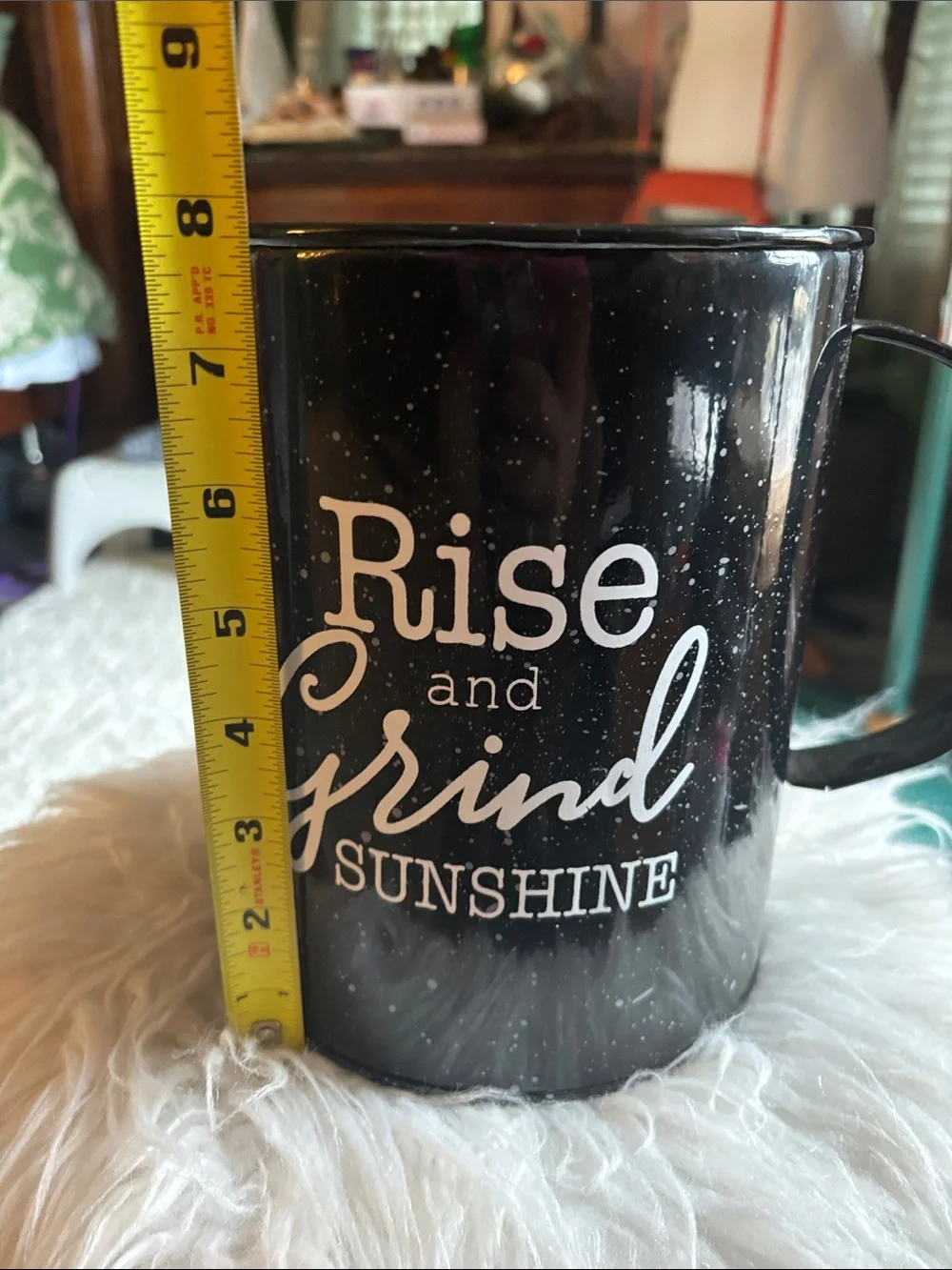 8” x 6” Rise and Grind Sunshine Black Metal Coffee Mug for decor fill/k-cups